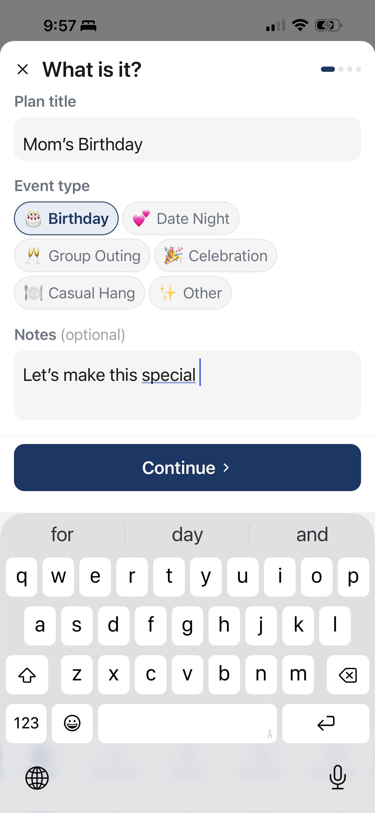 Parea plan a dinner screen